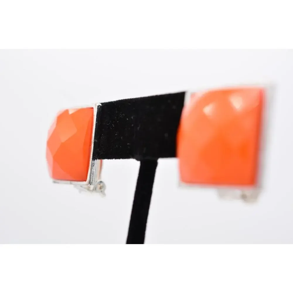 Vintage Lucite Clip On Earrings Faceted Orange Bright Silver Chunky 1990s BinAA